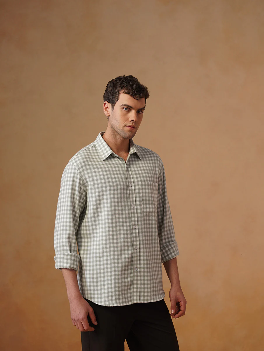 Green Gingham Brushed Cotton Shirt – Regular Fit, Full Sleeves - Image 3