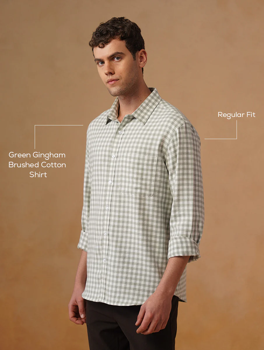 Green Gingham Brushed Cotton Shirt – Regular Fit, Full Sleeves - Image 4
