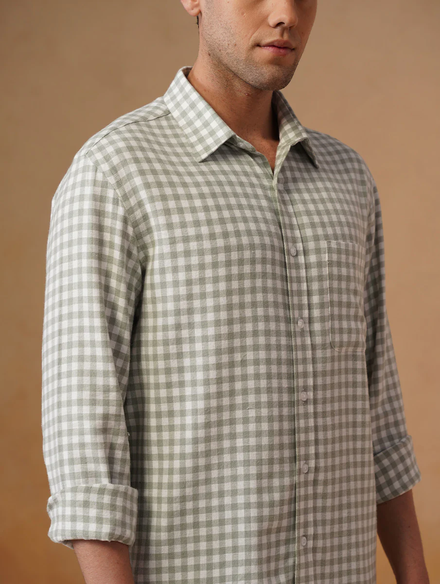 Green Gingham Brushed Cotton Shirt – Regular Fit, Full Sleeves - Image 6