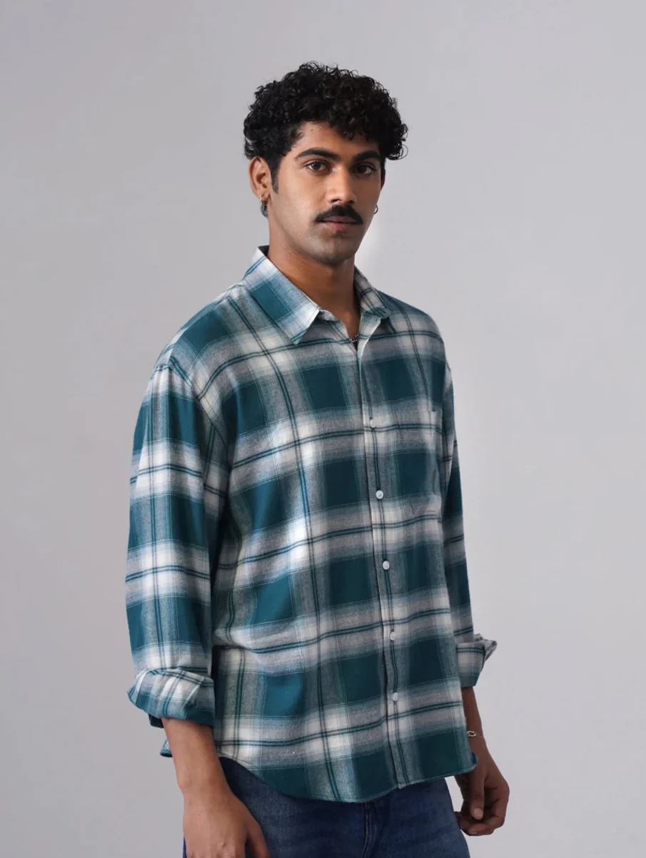 Green Checkered Cotton Shirt – Loose Fit, Full Sleeves - Image 3