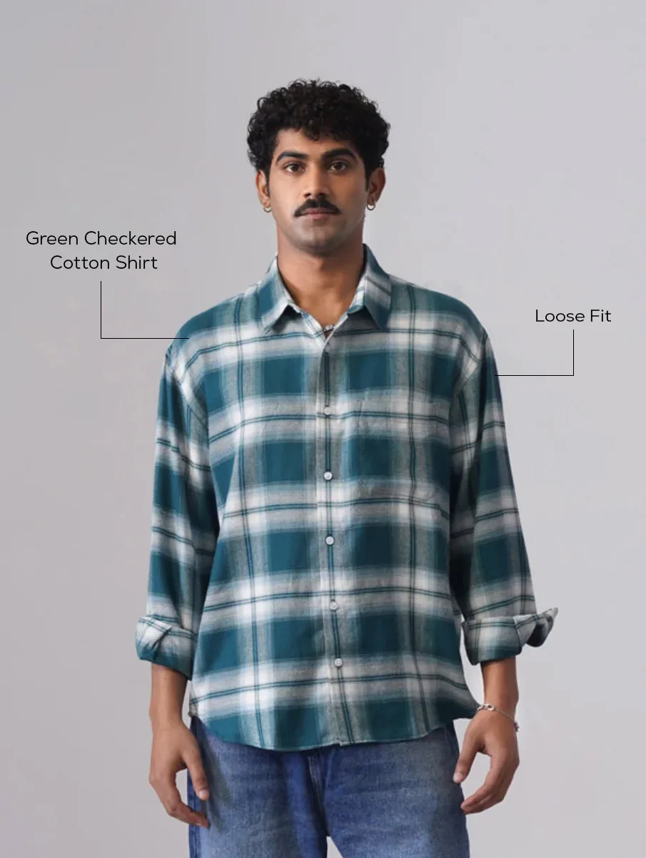 Green Checkered Cotton Shirt – Loose Fit, Full Sleeves - Image 4