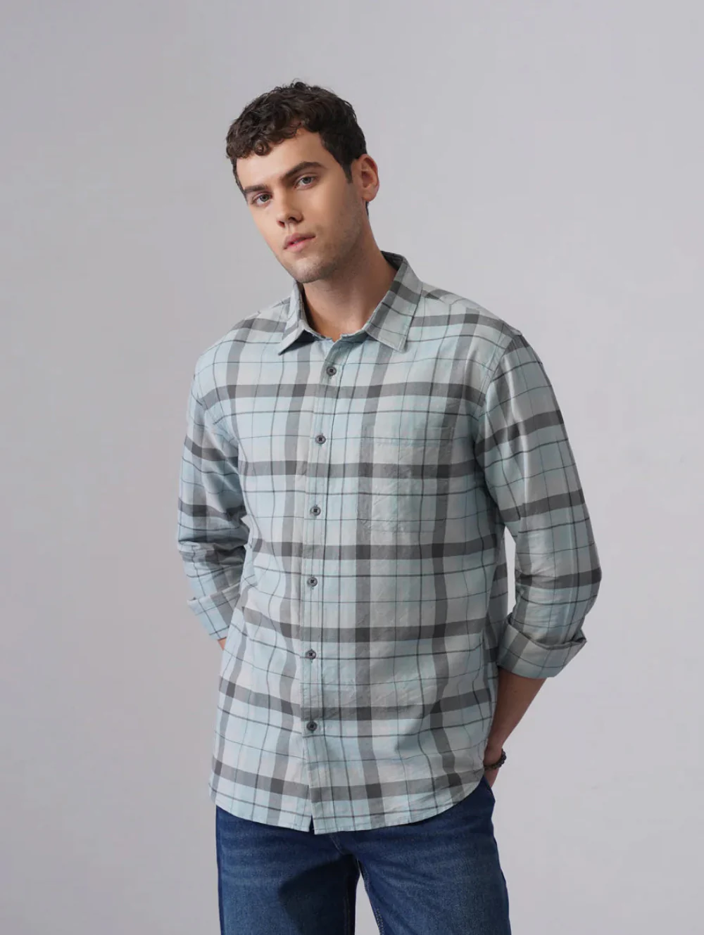 Green Checkered Cotton Shirt – Regular Fit, Full Sleeves