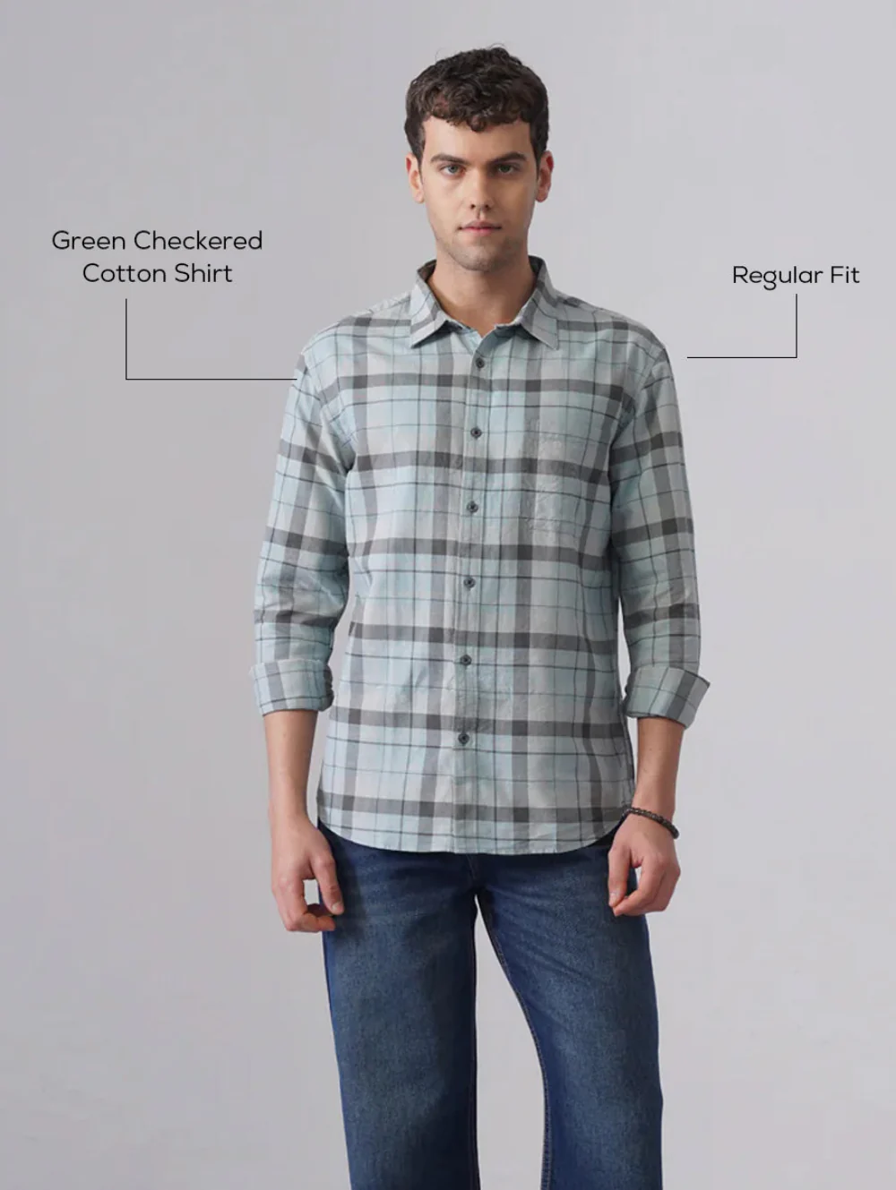 Green Checkered Cotton Shirt – Regular Fit, Full Sleeves - Image 4