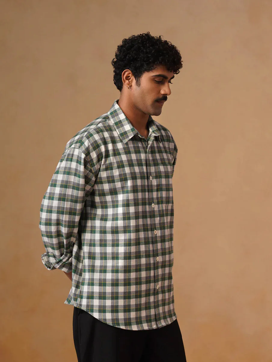 Green Checkered Cotton Stretch Shirt – Loose Fit, Full Sleeves - Image 3