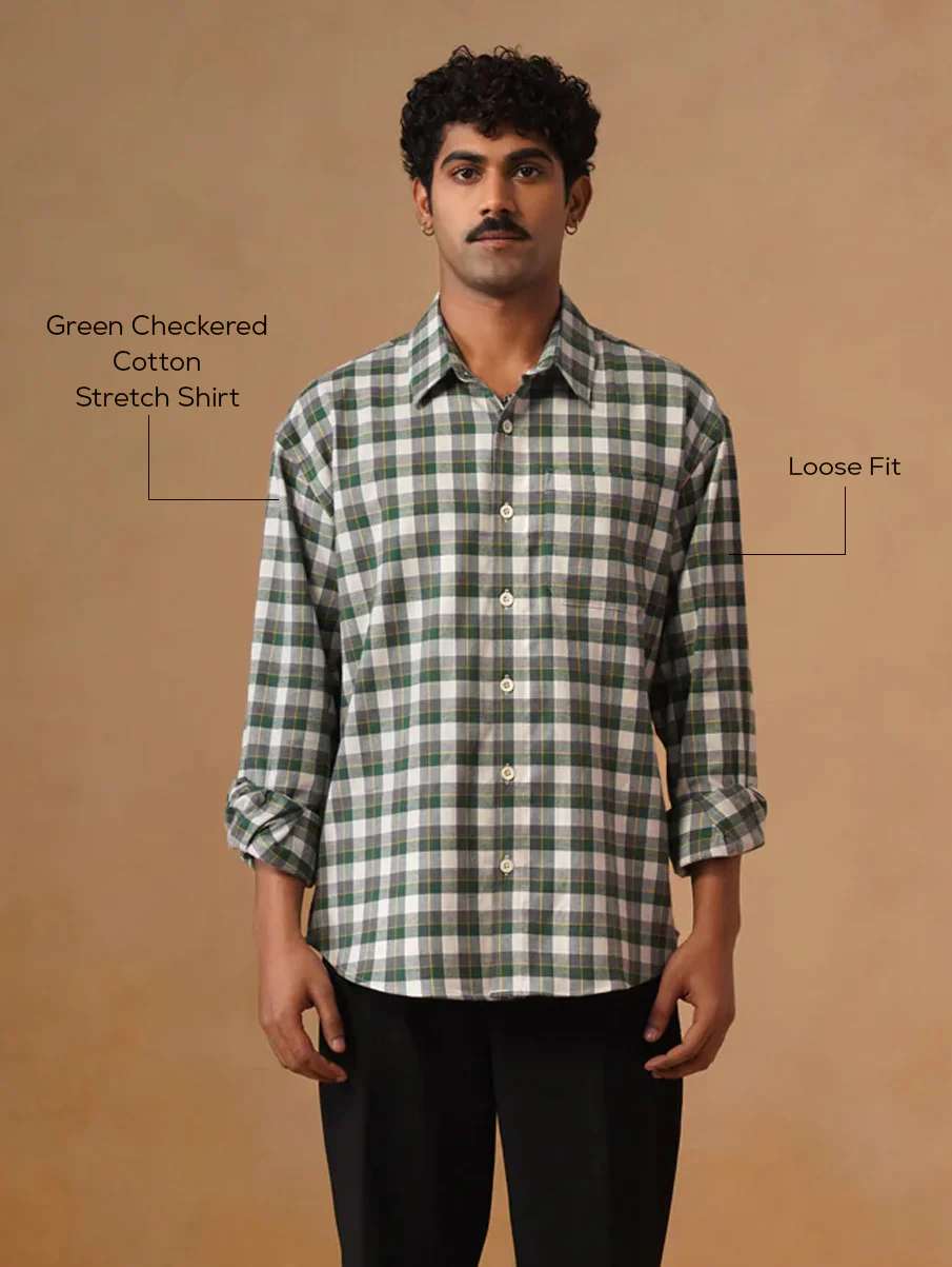 Green Checkered Cotton Stretch Shirt – Loose Fit, Full Sleeves - Image 4