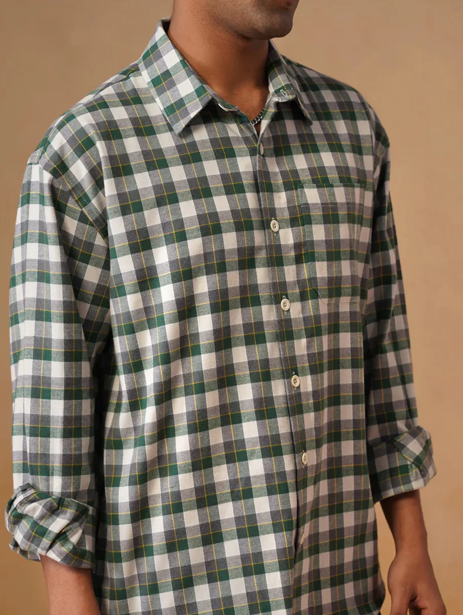 Green Checkered Cotton Stretch Shirt – Loose Fit, Full Sleeves - Image 6