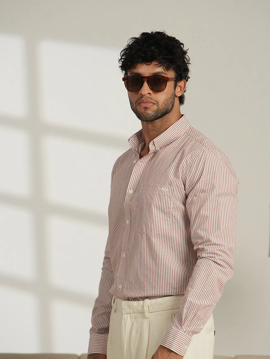 Red Striped Cotton Shirt – Regular Fit, Full Sleeves - Image 3