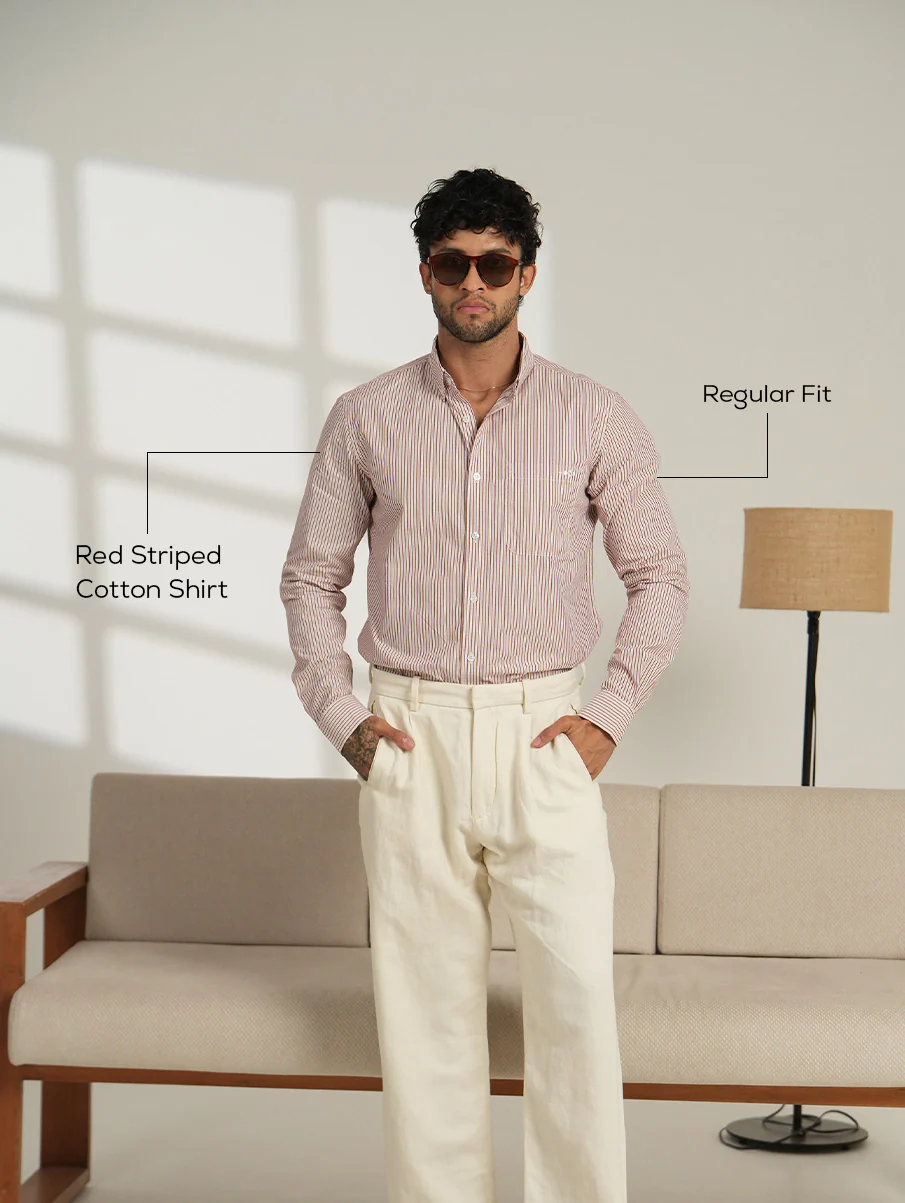 Red Striped Cotton Shirt – Regular Fit, Full Sleeves - Image 4