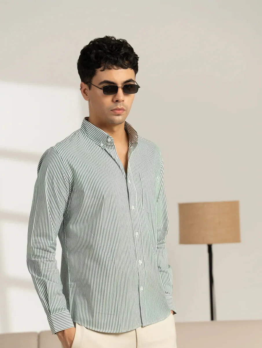 Green Striped Cotton Shirt – Regular Fit, Full Sleeves