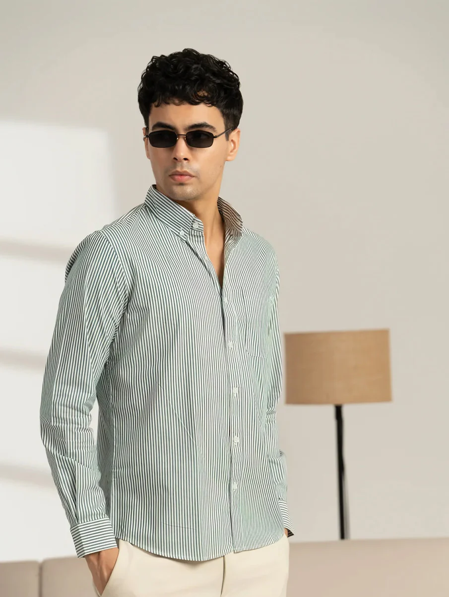 Green Striped Cotton Shirt – Regular Fit, Full Sleeves - Image 3