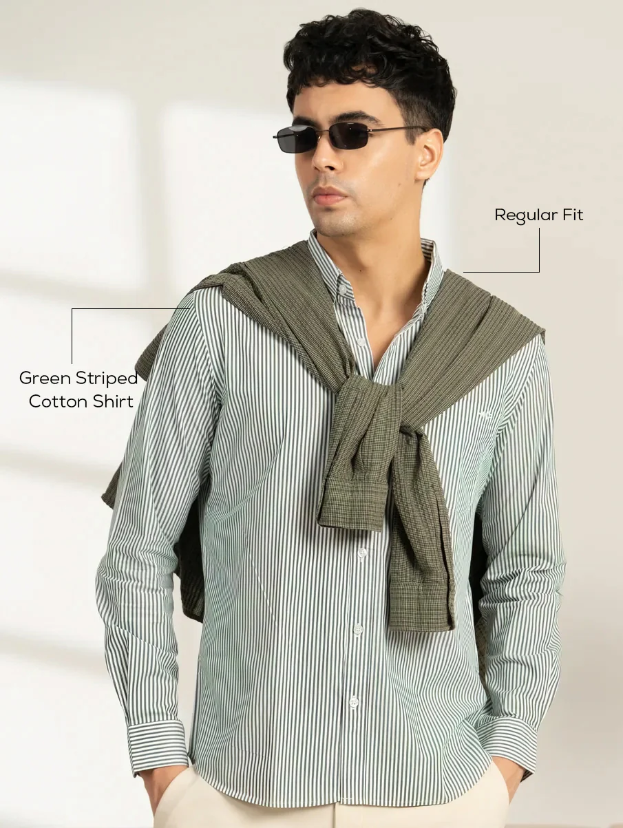 Green Striped Cotton Shirt – Regular Fit, Full Sleeves - Image 4