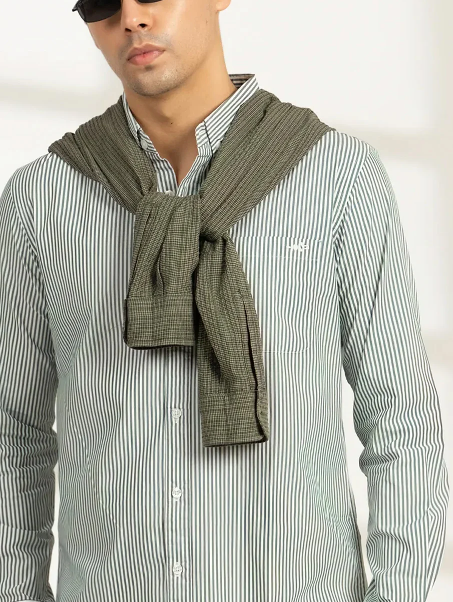 Green Striped Cotton Shirt – Regular Fit, Full Sleeves - Image 6