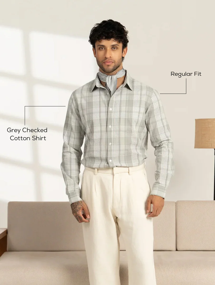 Grey Checked Cotton Shirt – Regular Fit, Full Sleeves - Image 4
