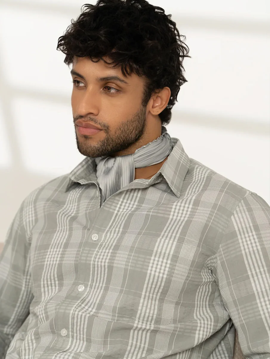 Grey Checked Cotton Shirt – Regular Fit, Full Sleeves - Image 6