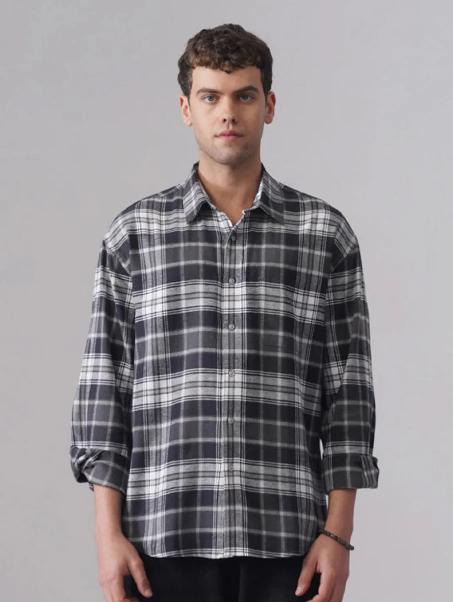 Grey Checkered Brushed Cotton Shirt – Loose Fit, Full Sleeves