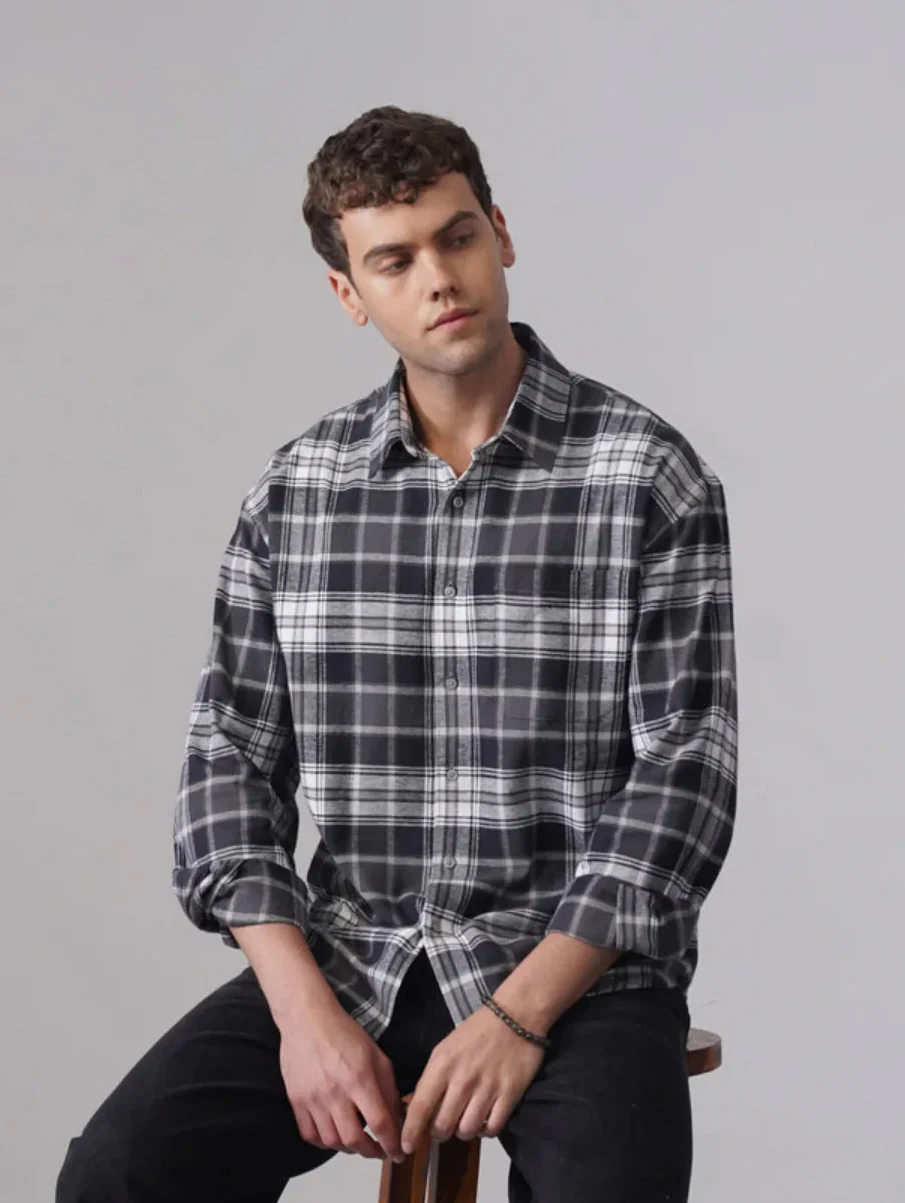 Grey Checkered Brushed Cotton Shirt – Loose Fit, Full Sleeves - Image 3