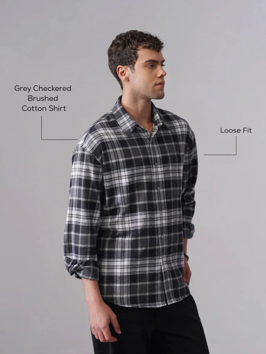 Grey Checkered Brushed Cotton Shirt – Loose Fit, Full Sleeves - Image 4