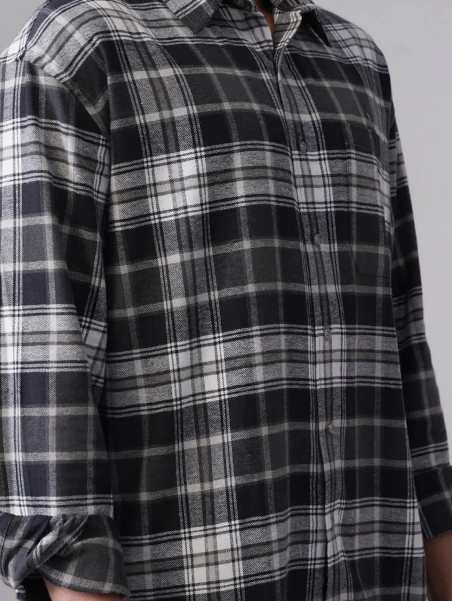 Grey Checkered Brushed Cotton Shirt – Loose Fit, Full Sleeves - Image 6