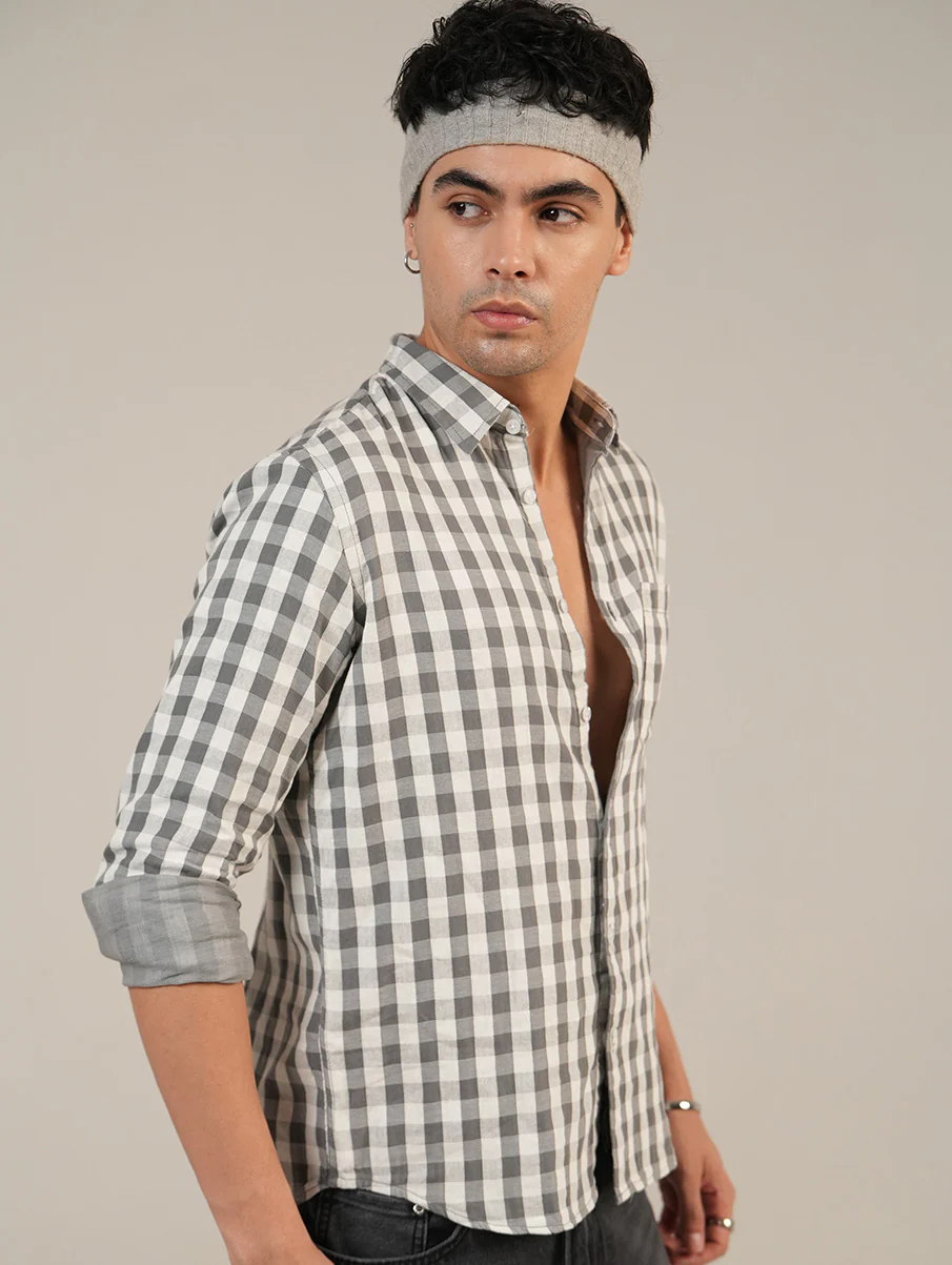 Grey Checkered Cotton Shirt – Full Sleeve, Regular Fit - Image 3