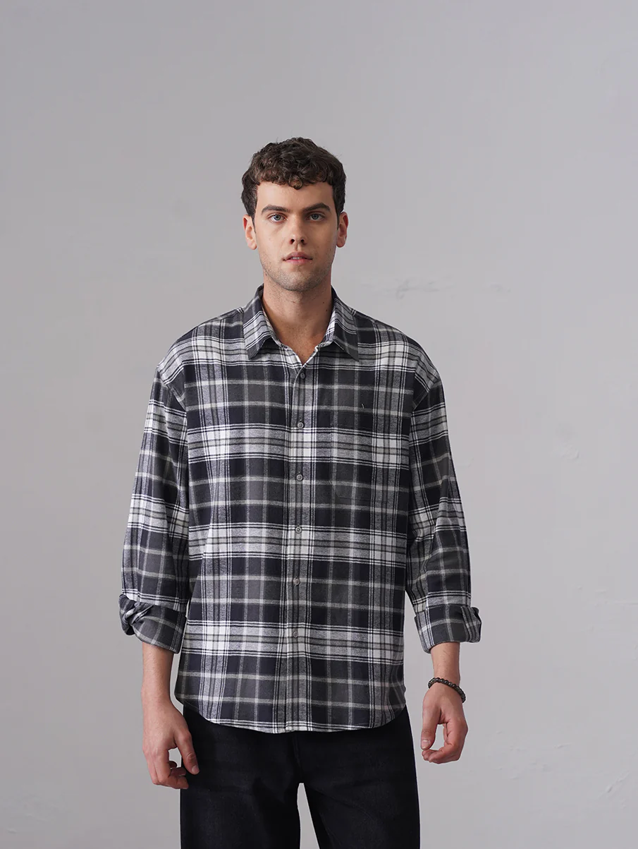 Grey Checkered Cotton Shirt – Loose Fit, Full Sleeves