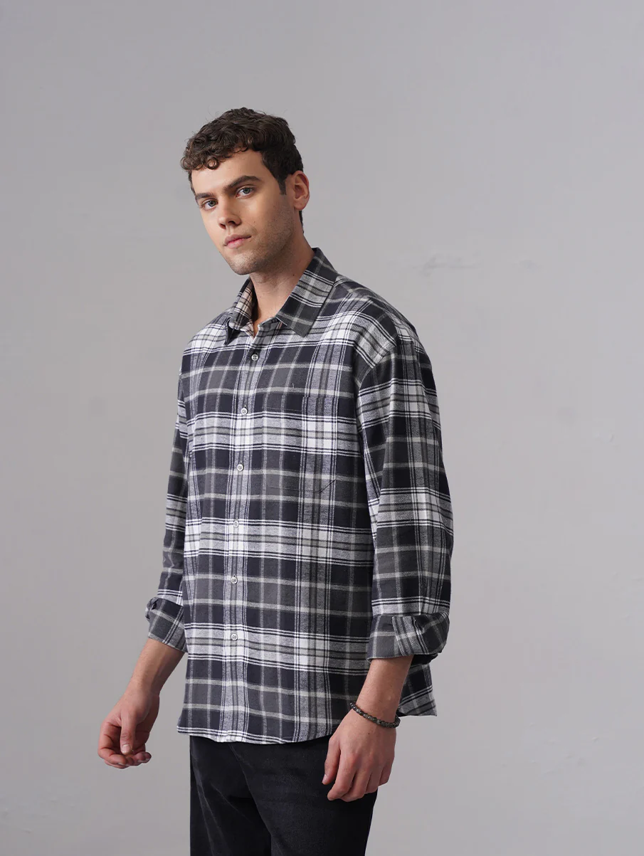 Grey Checkered Cotton Shirt – Loose Fit, Full Sleeves - Image 3
