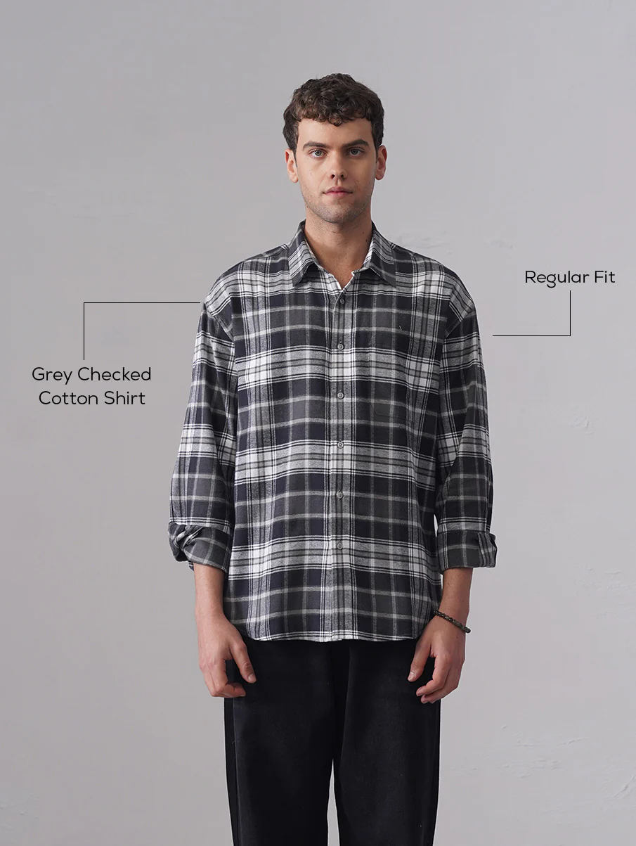 Grey Checkered Cotton Shirt – Loose Fit, Full Sleeves - Image 4