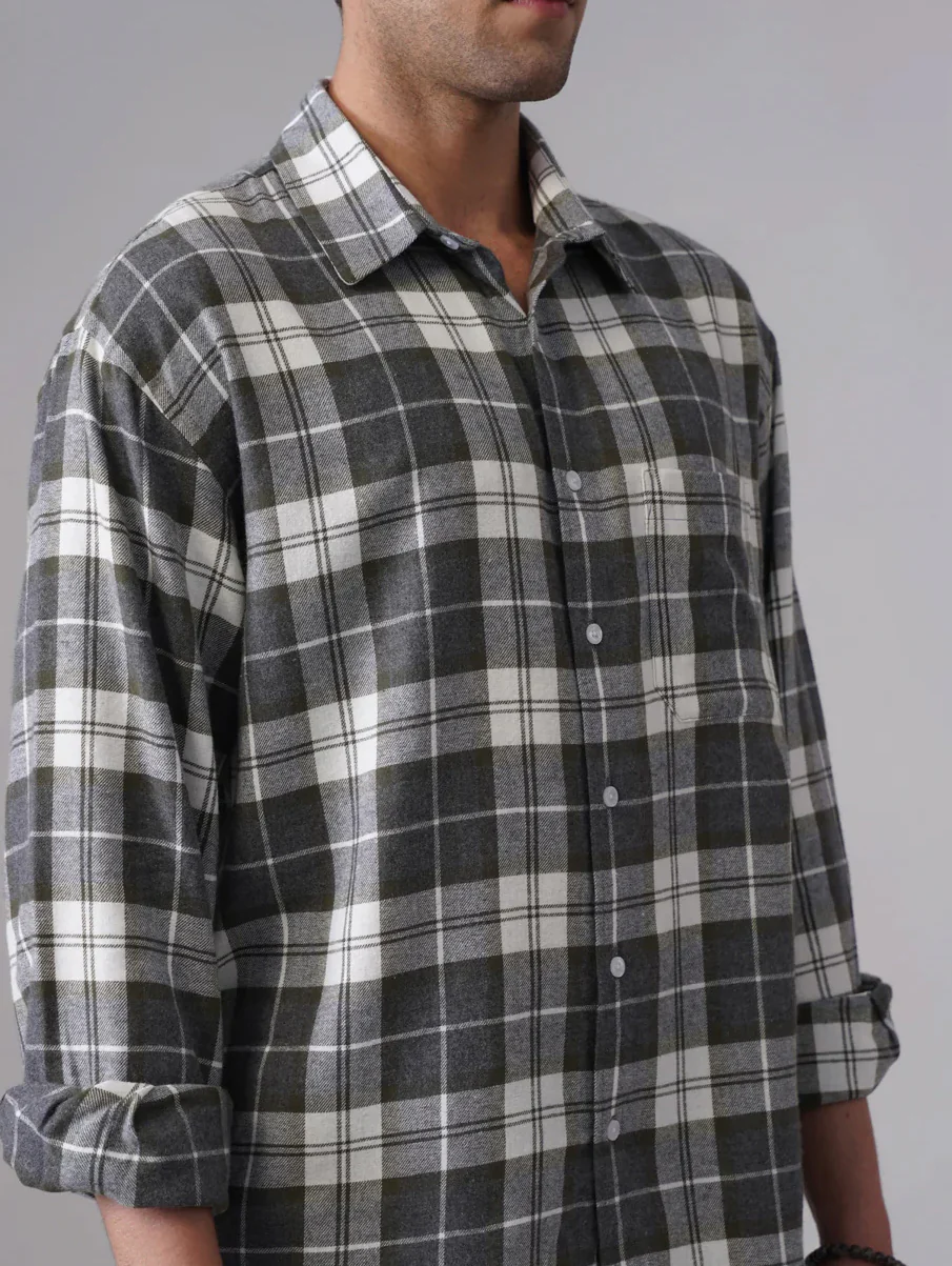 Grey Checkered Cotton Shirt – Loose Fit, Full Sleeves - Image 6