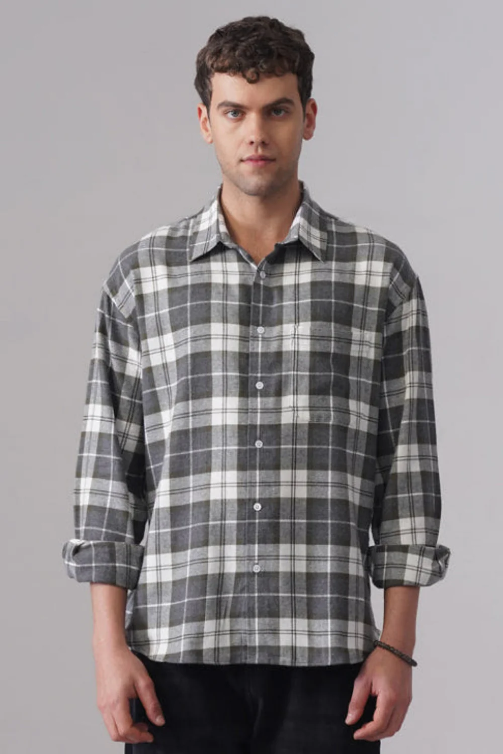 Grey Checked Cotton Shirt – Regular Fit, Full Sleeves
