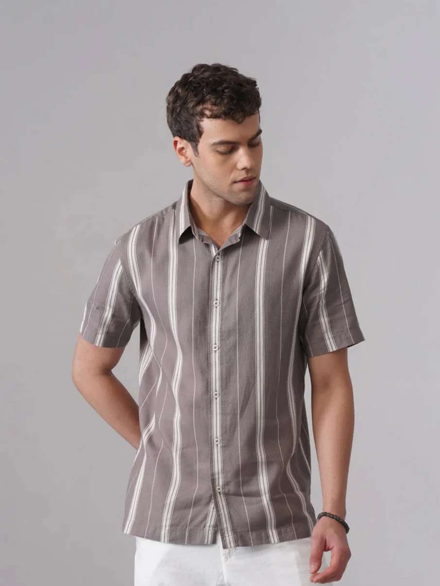 Grey Printed Organic Cotton Shirt – Regular Fit, Half Sleeves