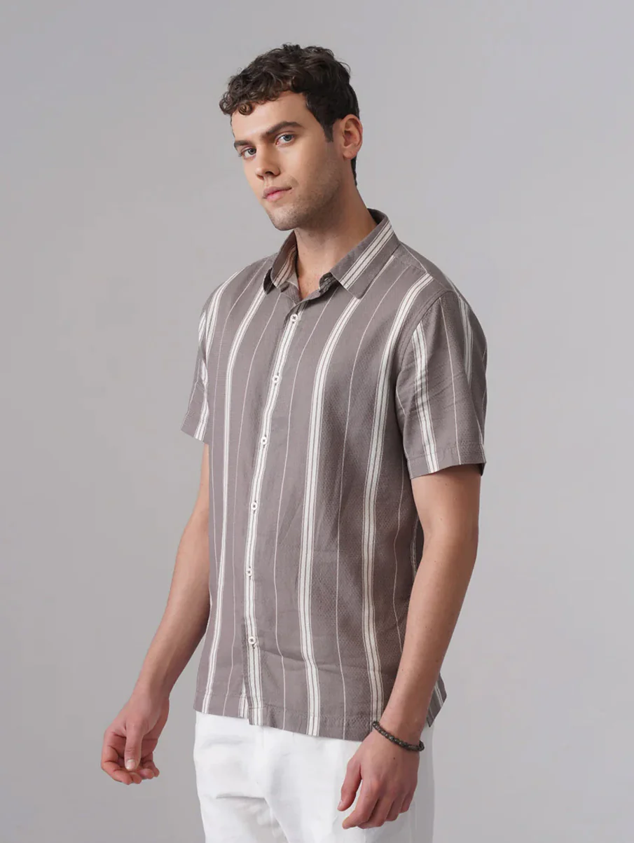 Grey Printed Organic Cotton Shirt – Regular Fit, Half Sleeves - Image 3