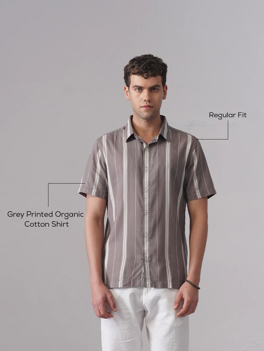 Grey Printed Organic Cotton Shirt – Regular Fit, Half Sleeves - Image 4