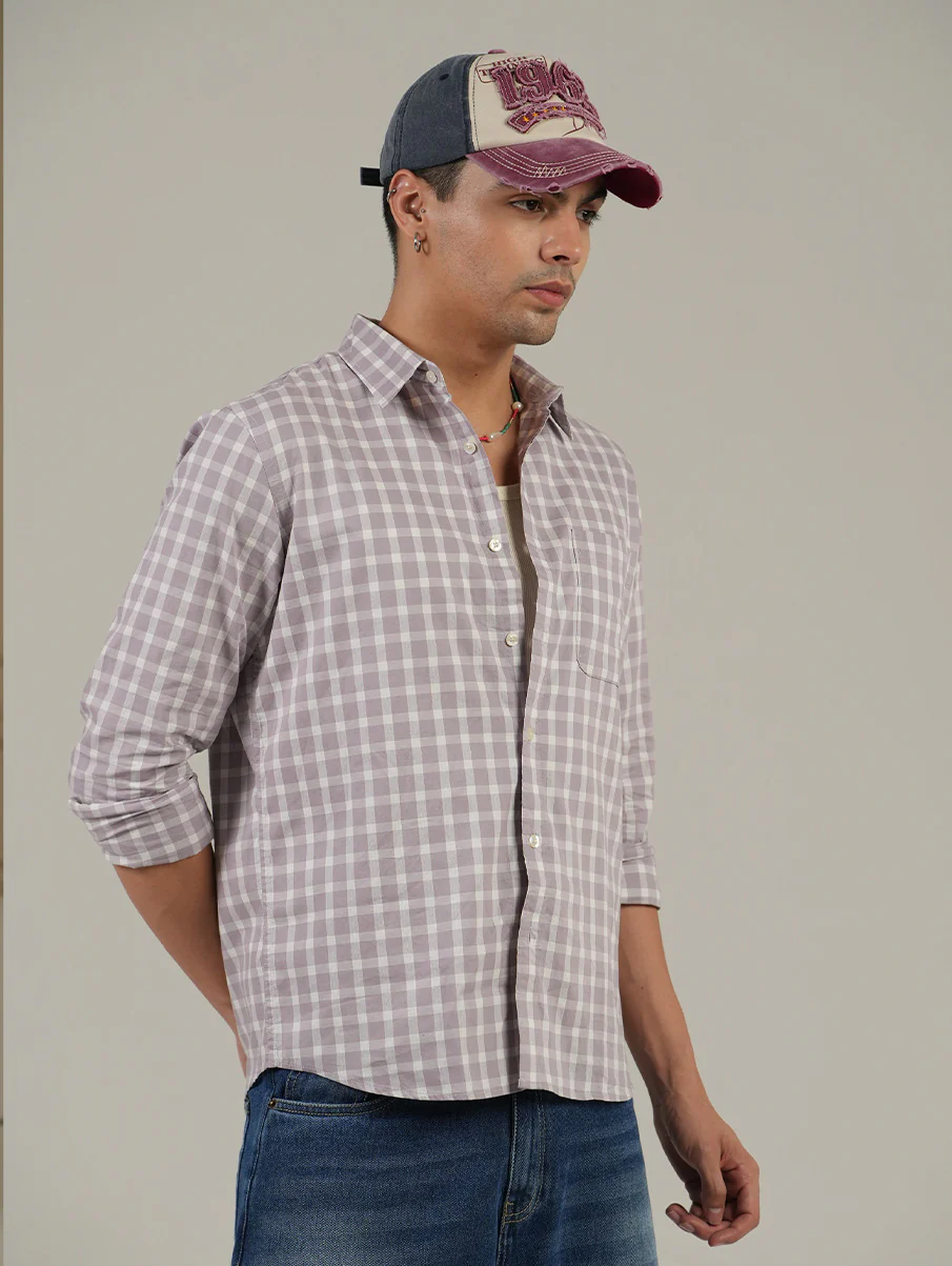Lavender Checkered Cotton Shirt – Full Sleeve, Regular Fit - Image 3