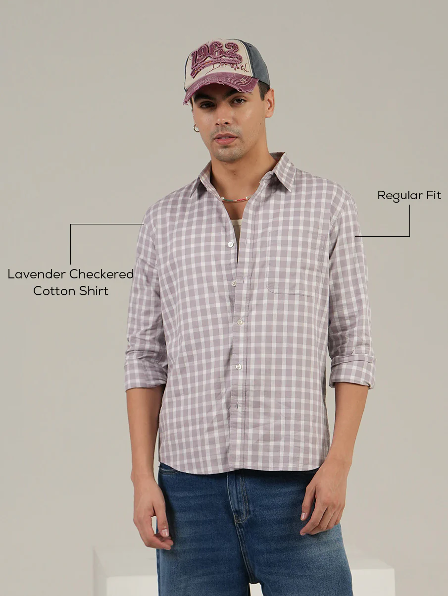 Lavender Checkered Cotton Shirt – Full Sleeve, Regular Fit - Image 4