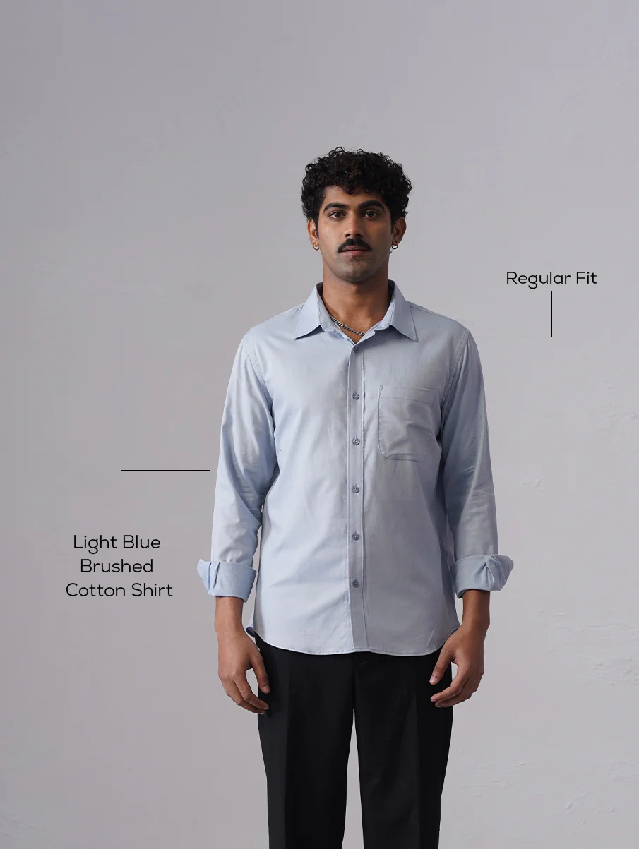 Light Blue Brushed Cotton Shirt – Regular Fit, Full Sleeves - Image 4