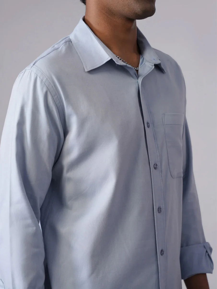 Light Blue Brushed Cotton Shirt – Regular Fit, Full Sleeves - Image 6