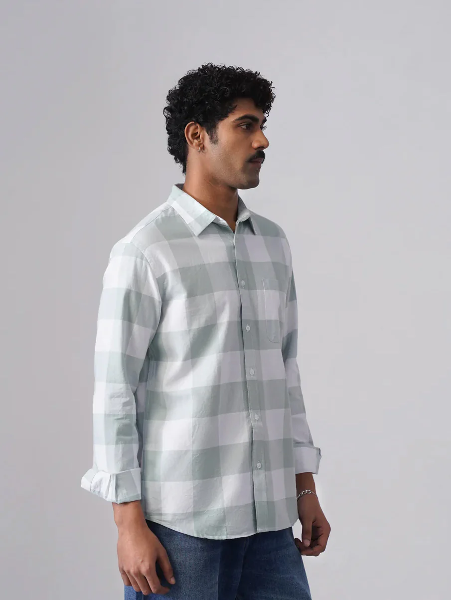 Light Blue Checkered Cotton Shirt – Regular Fit, Full Sleeves - Image 3