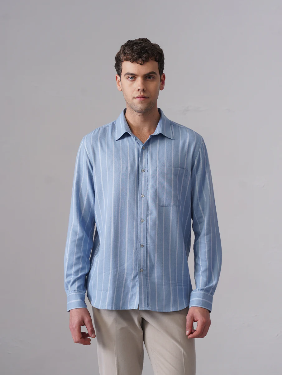 Light Blue Striped Brushed Cotton Shirt – Regular Fit