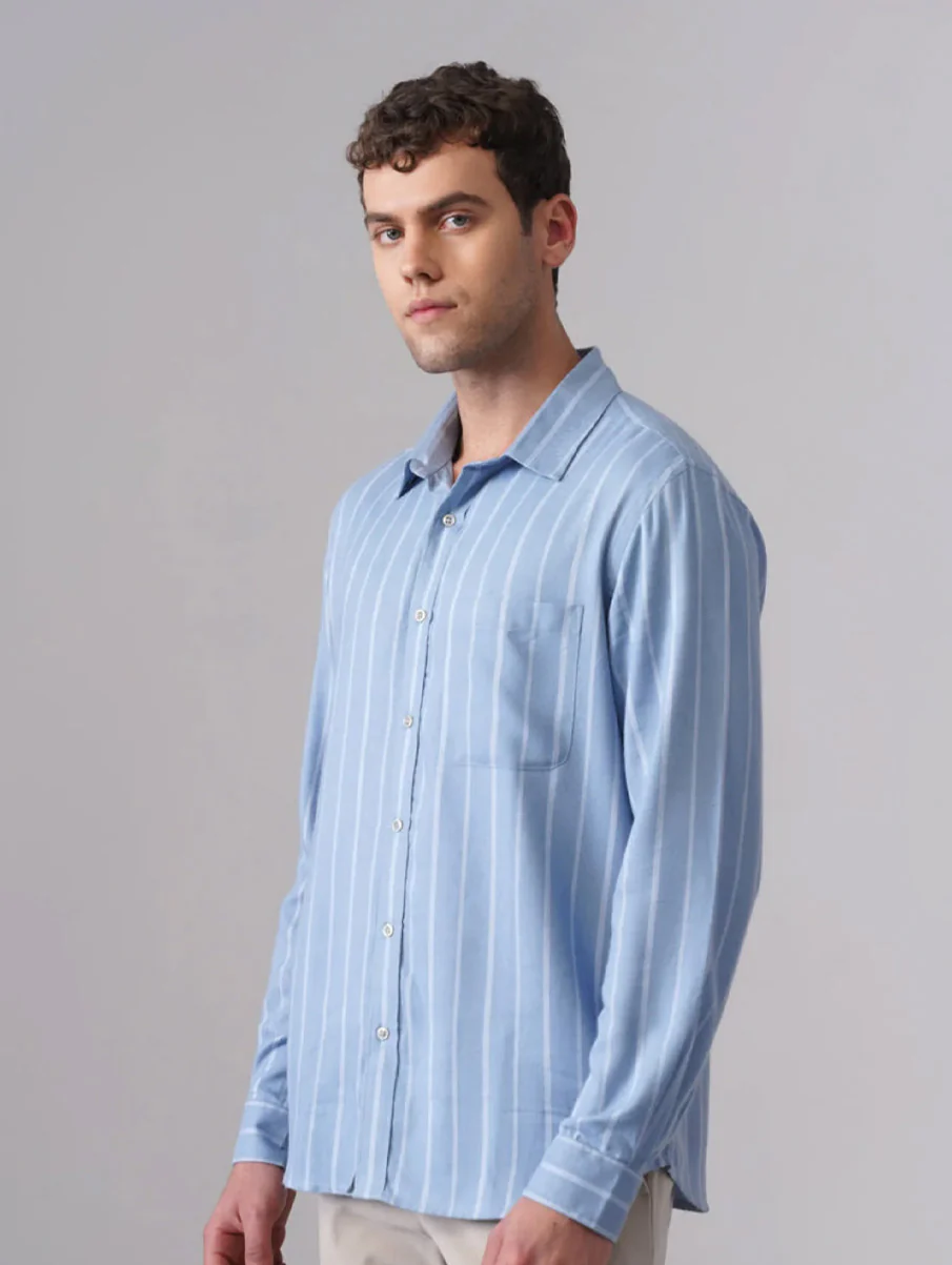 Light Blue Striped Brushed Cotton Shirt – Regular Fit - Image 4