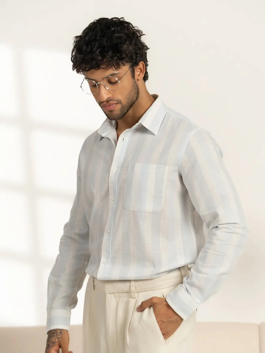 Light Blue Striped Cotton Shirt – Regular Fit, Full Sleeves - Image 3