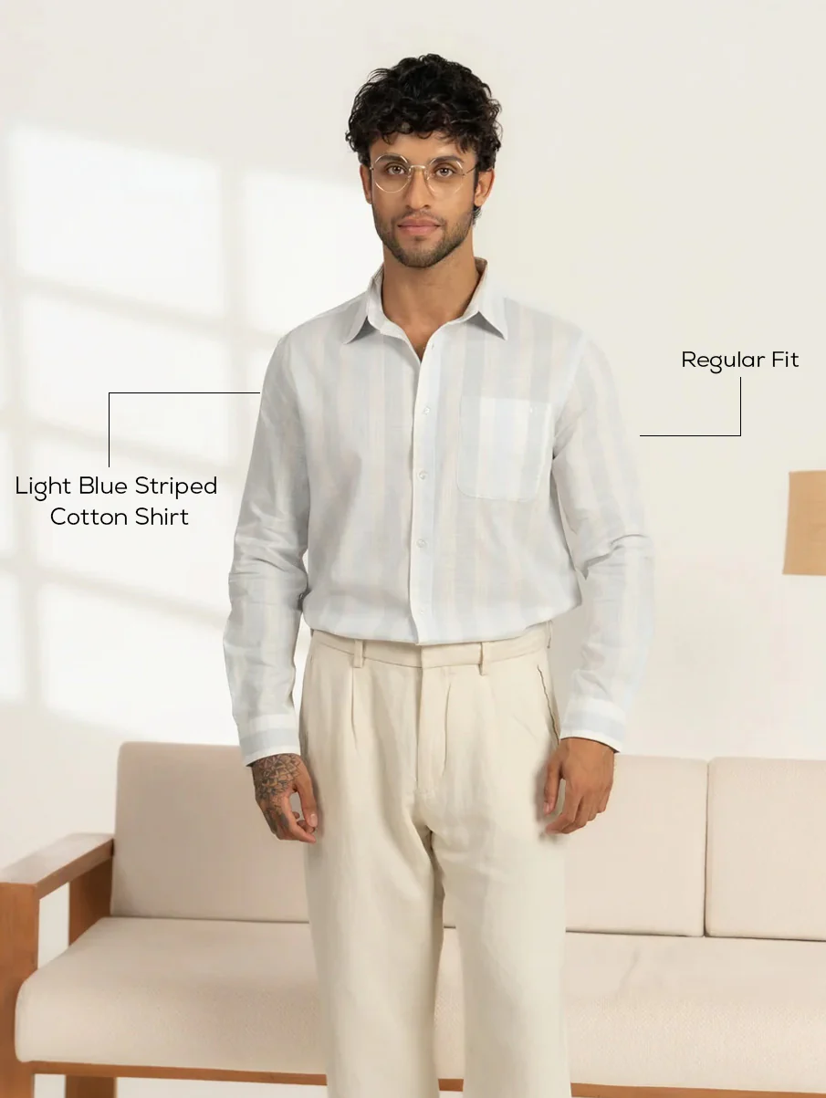 Light Blue Striped Cotton Shirt – Regular Fit, Full Sleeves - Image 4