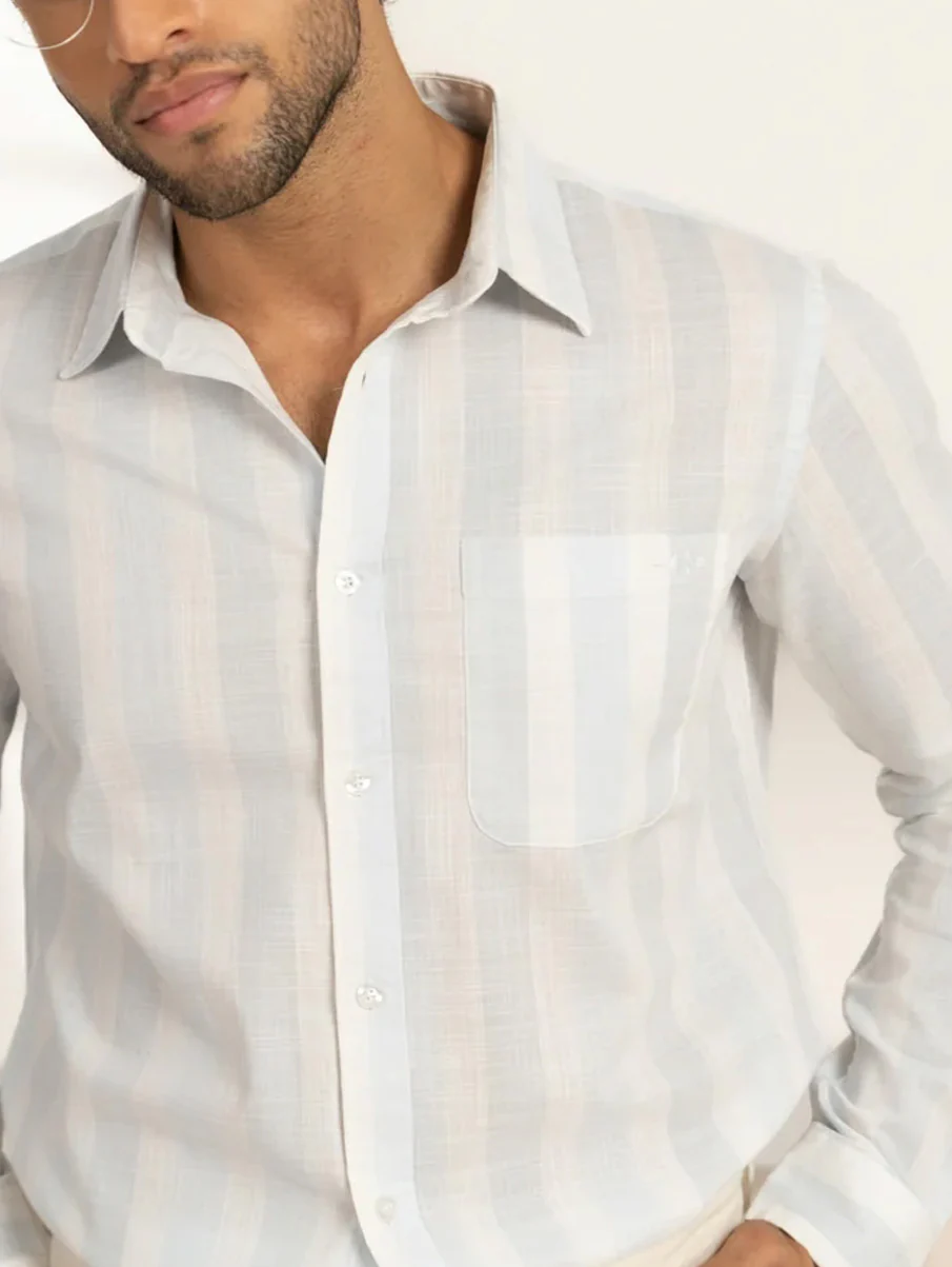 Light Blue Striped Cotton Shirt – Regular Fit, Full Sleeves - Image 6