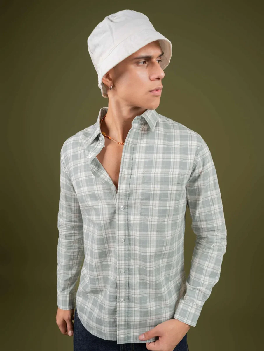 Light Green Checked Cotton Shirt – Regular Fit - Image 3