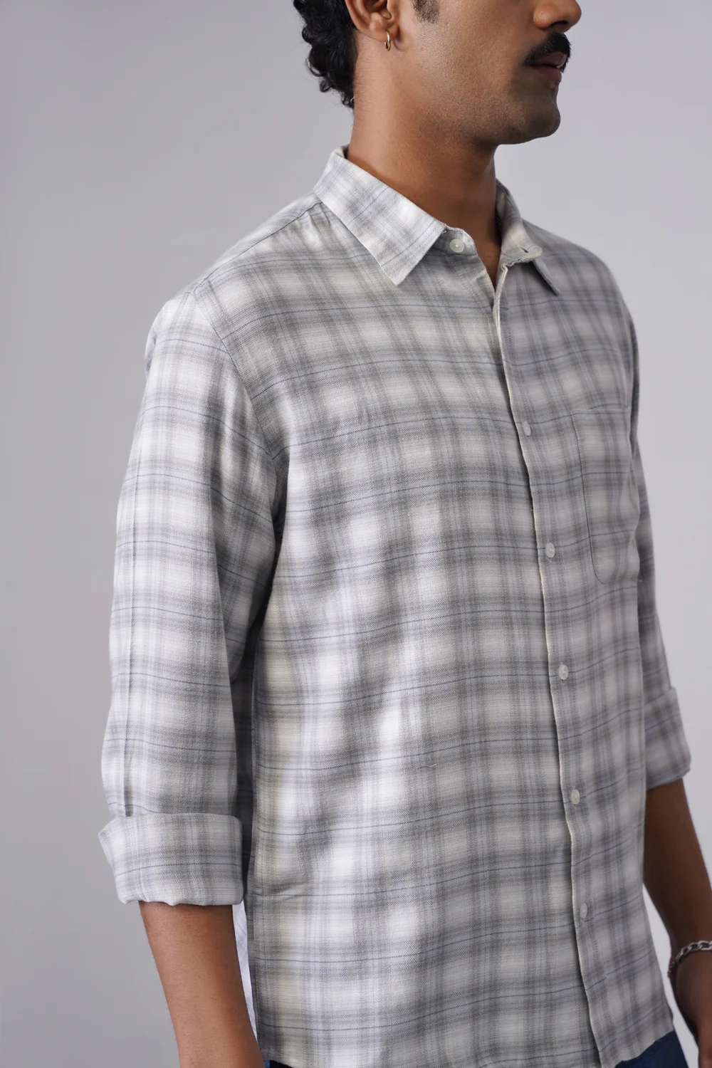 Light Grey Checkered Cotton Blend Shirt – Regular Fit, Full Sleeves - Image 3
