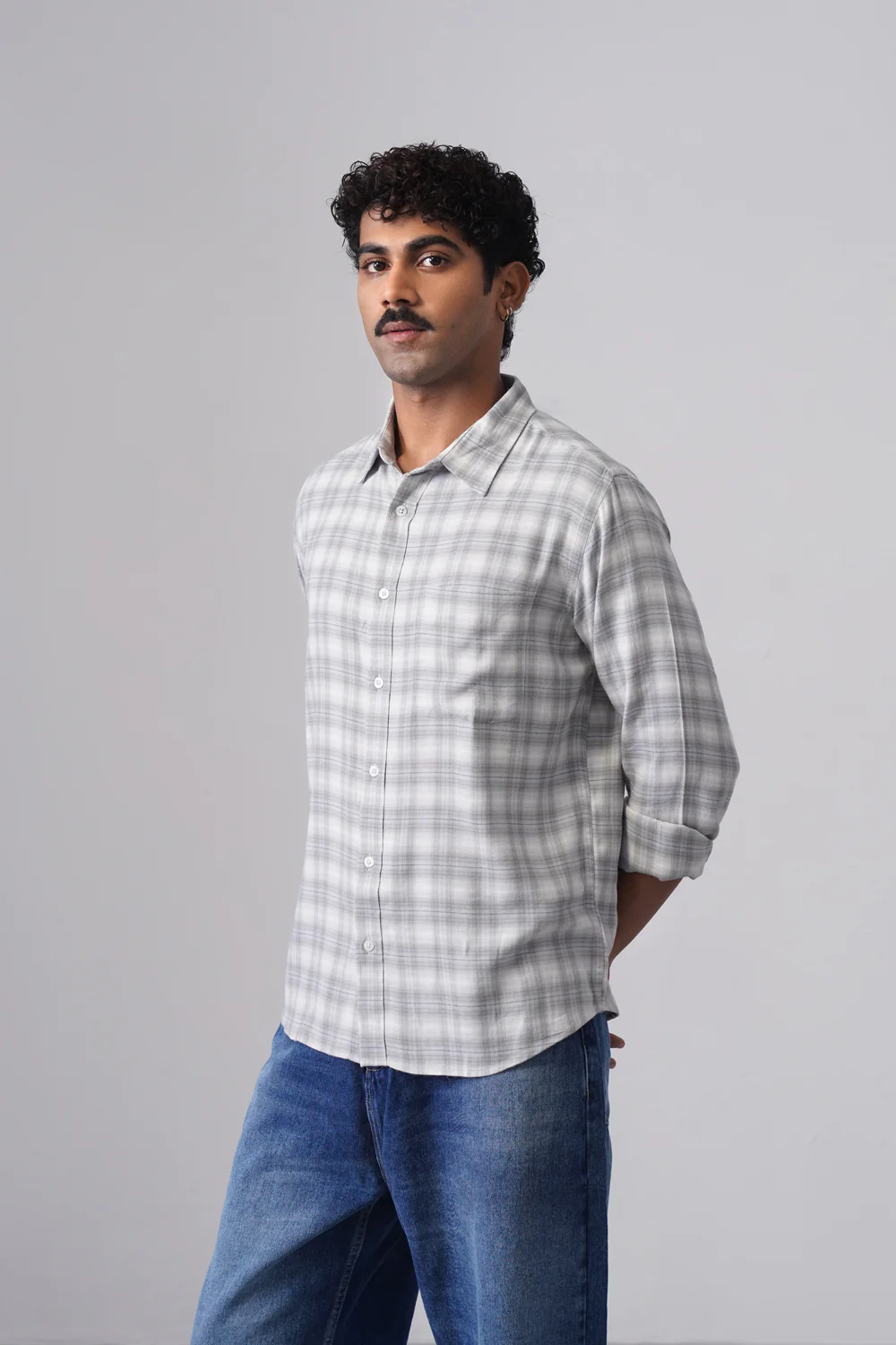 Light Grey Checkered Cotton Blend Shirt – Regular Fit, Full Sleeves - Image 4