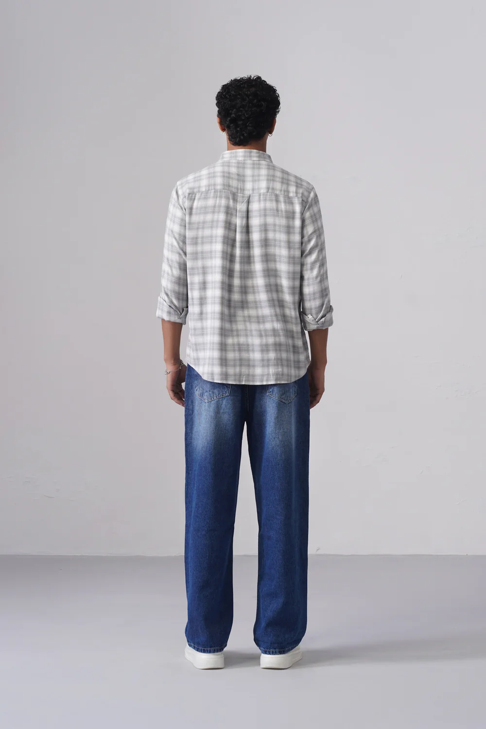 Light Grey Checkered Cotton Blend Shirt – Regular Fit, Full Sleeves - Image 5