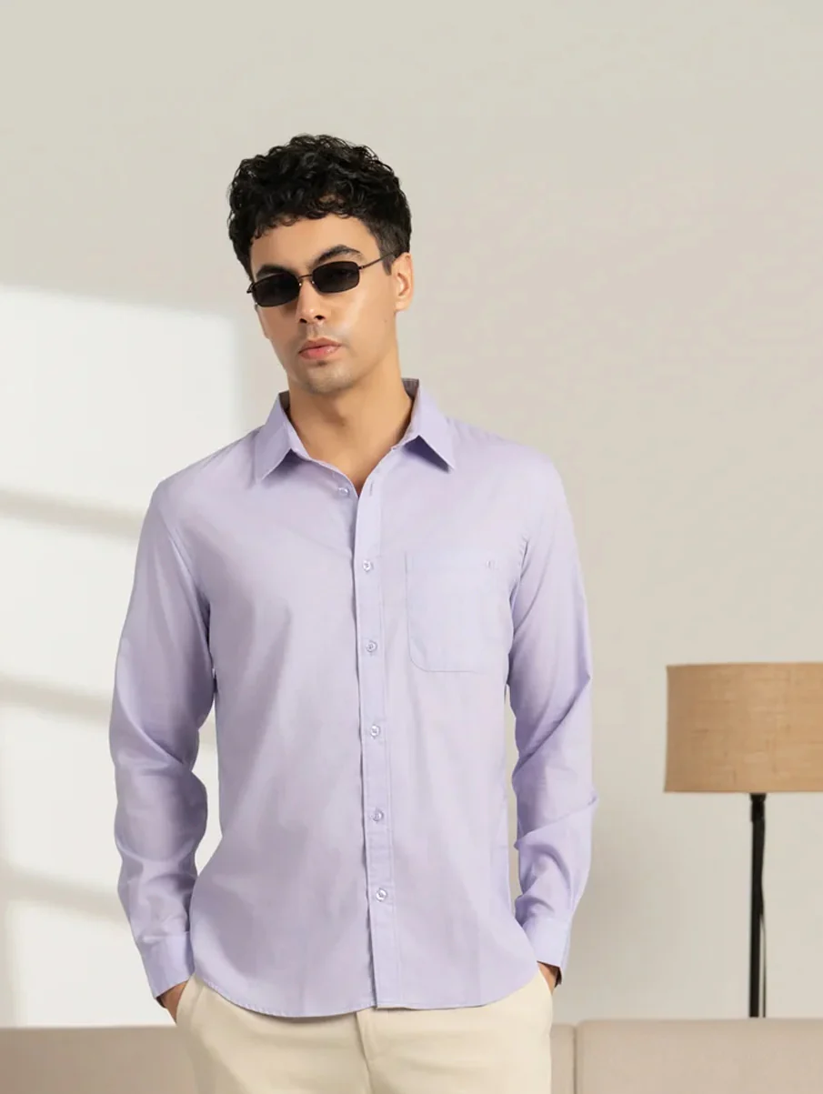 Lilac Solid Cotton Shirt – Regular Fit, Full Sleeves