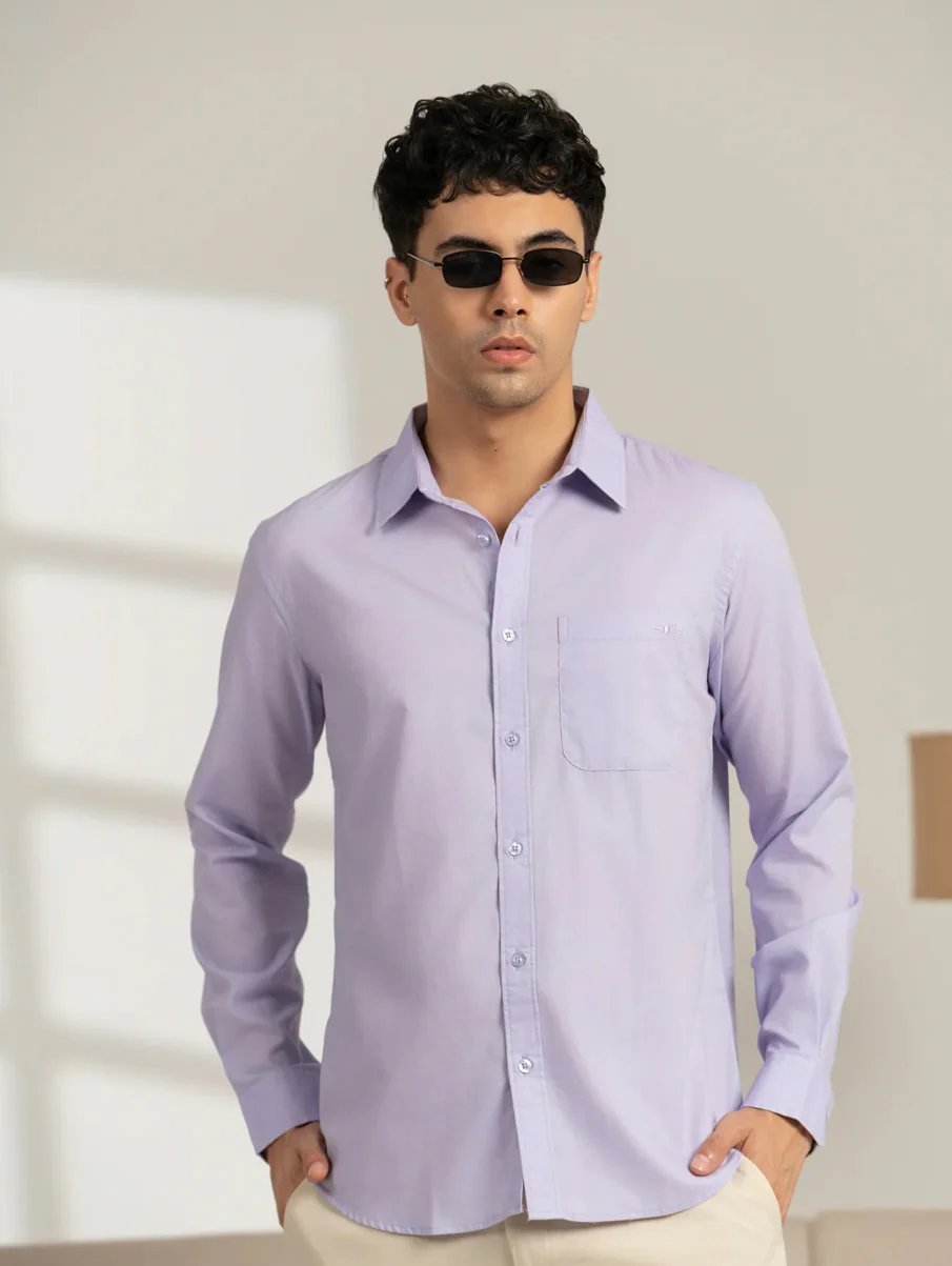 Lilac Solid Cotton Shirt – Regular Fit, Full Sleeves - Image 3