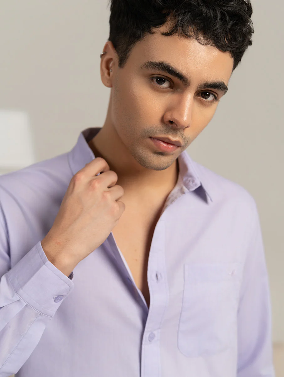Lilac Solid Cotton Shirt – Regular Fit, Full Sleeves - Image 6