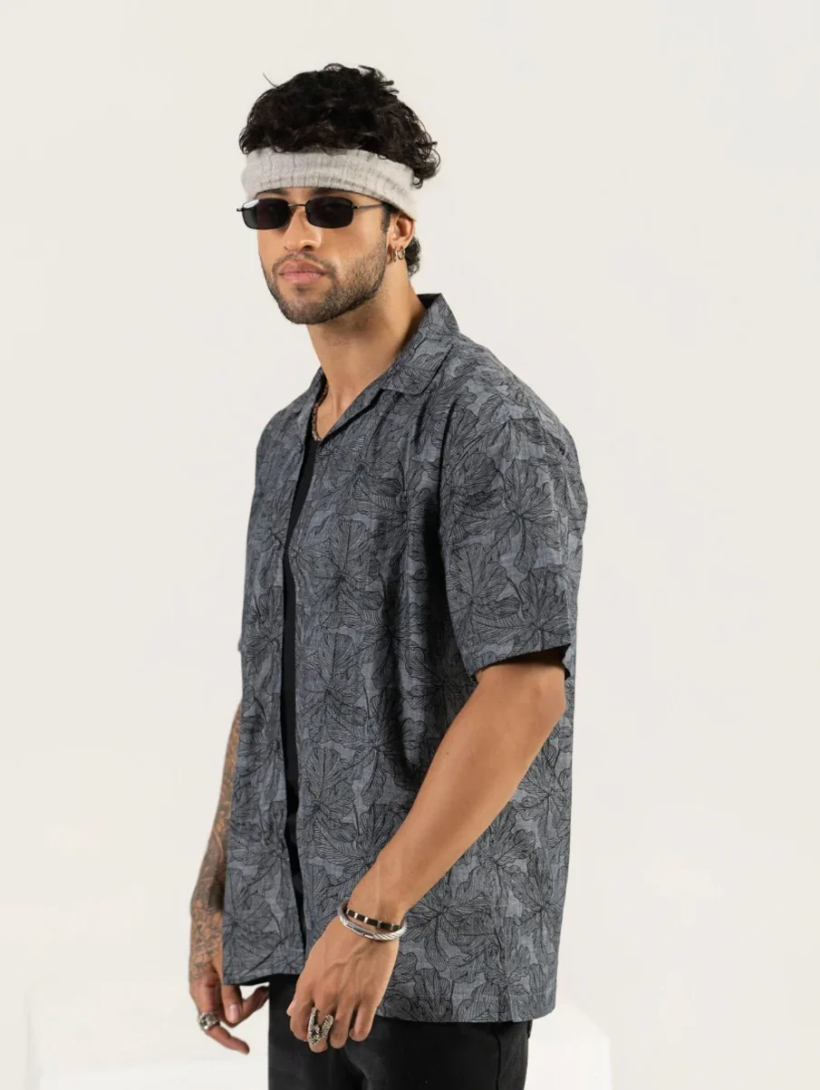 Printed Cuban Collar Shirt – Loose Fit Short Sleeve - Image 3