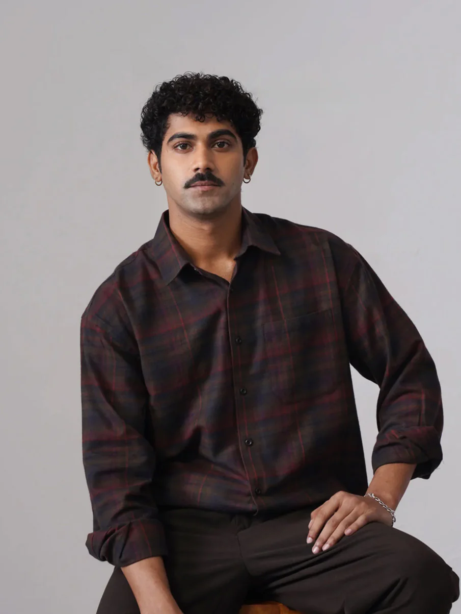 Maroon & Blue Checkered Cotton Shirt – Loose Fit, Full Sleeves - Image 3